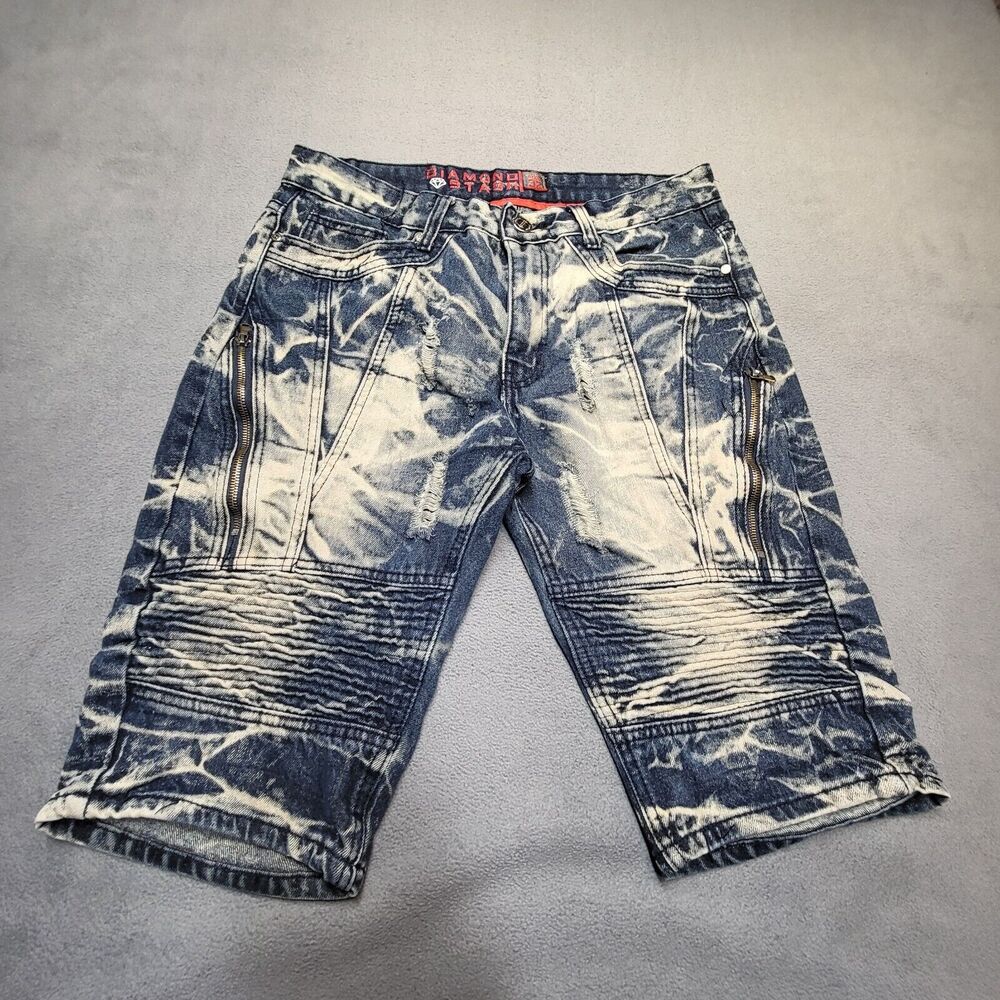 Diamond Stash Jean Shorts Mens 34 Blue Moto Skinny Jorts Y2K Urban Streetwear